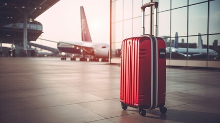Traveler red suitcase at the airport before departure, world tourism day concept, Generative AI