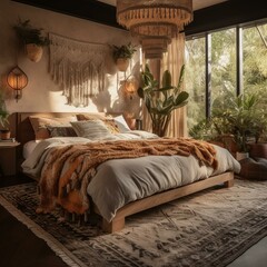 A Bohemian Artisanal Bedroom, Featuring a Low Lying Bed with Macrame Headboard and Festive Hand-Woven Rug, generative ai