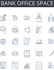 Bank office space line icons collection. Financial institution premises, Banking establishment area, Cash handling office, My management space, Deposit center, Loan office, Wealth management hub