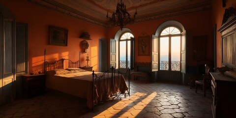 A traditional Mediterranean Bedroom with beautiful terracotta floors and intricate wrought iron details found in the decor and lighting, generative ai