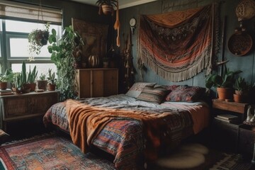 A bohemian Bedroom with a mix of textures including a distressed wood wall, macrame wall hanging, and colorful patterned textiles, generative ai