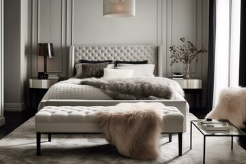A stylish and elegant bedroom featuring a velvet upholstered bench, a faux fur stool, and a geometric ceiling light, generative ai