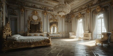 A Glamorous Baroque-inspired Bedroom with luxurious silk textures, grand gilded accents, and soft ambient lighting, generative ai