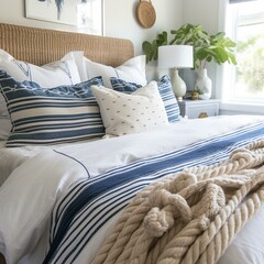 A charming Coastal Bedroom featuring a mix of stripe patterns, nautical rope decor, and crisp white linens for a fresh, airy feel, generative ai