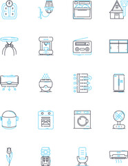 Dishwasher linear icons set. Cleaning, Efficiency, Sanitation, Dishware, Hygiene, Automatic, Rinse line vector and concept signs. Steam,Drying,Wash outline illustrations