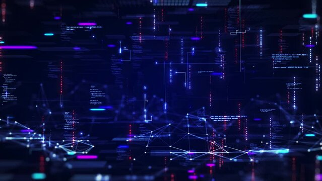 Digital information technology concept. Cybersecurity and protection system from online crime threats. Data Analytics or Data Science. Binary code polygons connected on dark blue background.