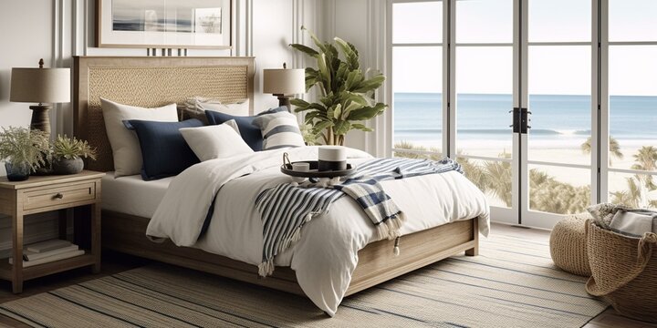 A beachy Nautical Bedroom with a natural sisal rug, rope-wrapped lamps, and a bold stripe duvet cover for a laid-back coastal vibe, generative ai