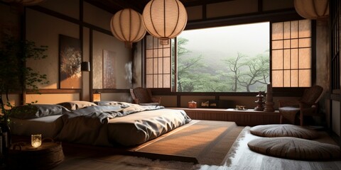 A cozy Japanese Bedroom highlighting plush bedding with accents of dark wood and rice paper lanterns, generative ai