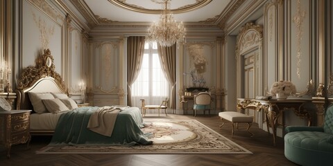 A Lavish Bedroom inspired by the grandeur of Baroque architecture, blending modern elegance with classic opulence, generative ai