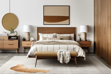 A sophisticated Mid-Century Modern bedroom with a monochromatic color scheme, accented by teak and brass, generative ai