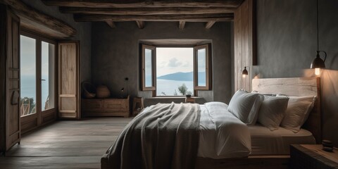 A Chic Artisanal Bedroom, with Muted Grey Linens Adorned with Hand-Sewn Textile Pillows and Rustic Wooden Accents, generative ai