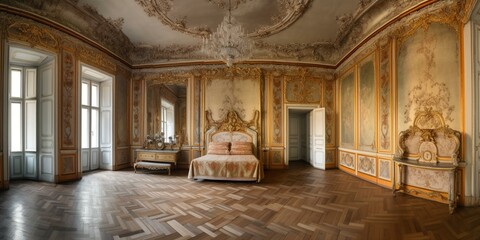 Fototapeta na wymiar A Luxurious Baroque Bedroom with ornate gilded finishes and opulent silk textures, generative ai