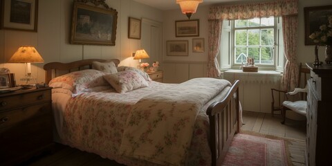 A charming Country bedroom exuding warmth with floral prints and gingham textures sprawling across the soft furnishings, generative ai