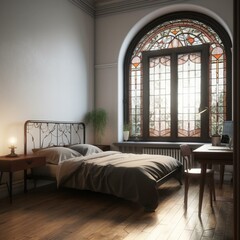 A minimalist Art Nouveau Bedroom furnished with a sleek metal bed frame, a streamlined desk, and a solitary stained glass window casting soft light onto the room, generative ai