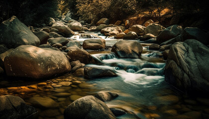 Fototapeta premium Tranquil scene, water flowing, nature's beauty shining bright generated by AI