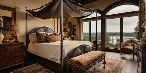 A dramatic Mediterranean Bedroom with a rich, earthy color palette and intricate wrought iron canopy bed, generative ai