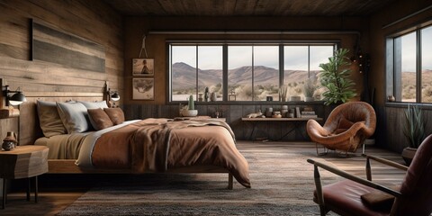 A cozy cabin-style Southwestern Bedroom with a leather armchair and a stacked wood accent wall, generative ai