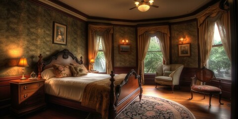 A romantic Victorian bedroom with a tufted headboard and cascading tassels, generative ai