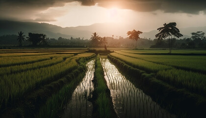 Fototapeta premium Golden rice paddies glow in Bali's sunset sky generated by AI