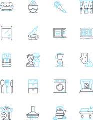 Household linear icons set. Furniture, Decor, Appliances, Cleaning, Laundry, Kitchenware, Mattress line vector and concept signs. Towels,Linens,Dishes outline illustrations
