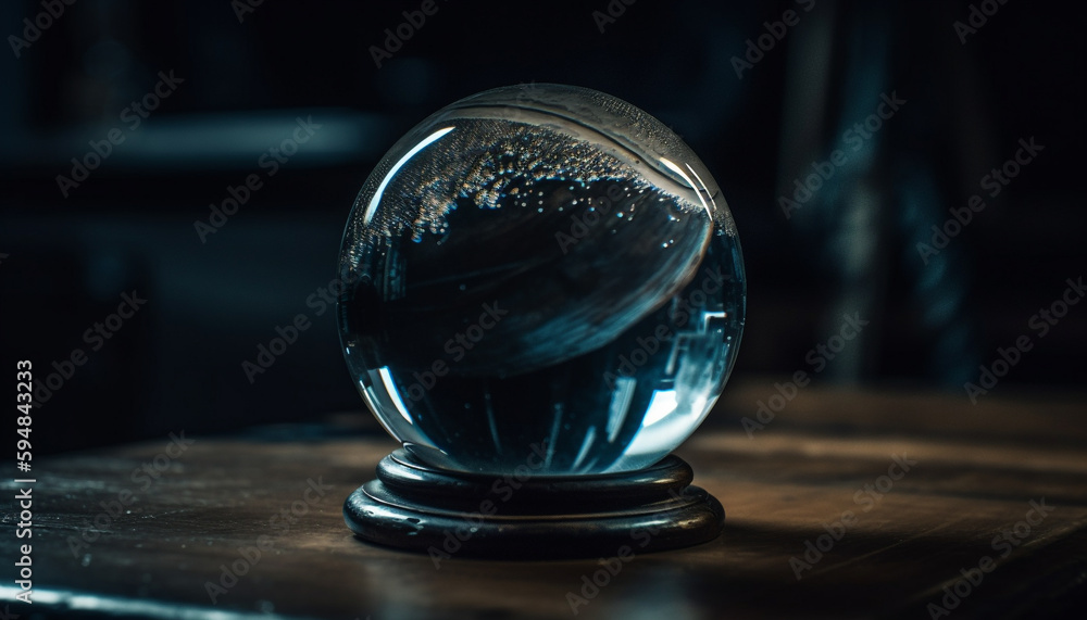 Poster transparent crystal sphere on wet table reflects background generated by ai