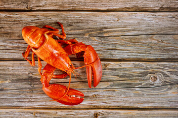 Red lobsters that are freshly steamed and boiled to perfection on wood background
