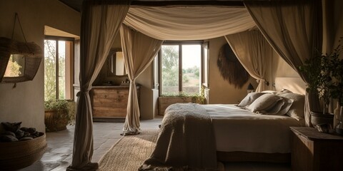 A serene Country Bedroom with a draped canopy bed and natural fiber rug, generative ai