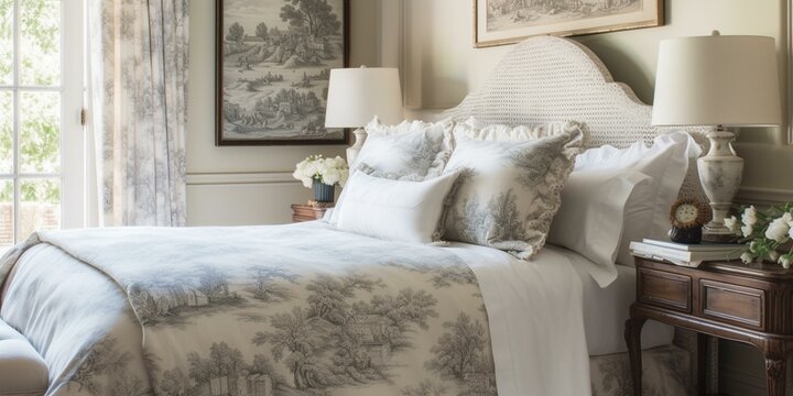 A Cozy And Inviting French Country Bedroom, Featuring Charming Toile And Chinoiserie Patterns, Accented With Warm Lighting And Rustic Wooden Furniture For A Touch Of Country Charm, Generative Ai