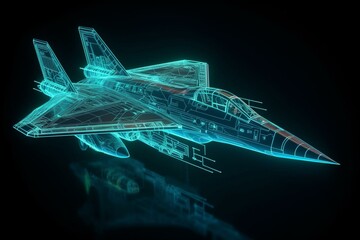 Fototapeta na wymiar 3D rendering illustration fighter plane blueprint glowing neon hologram futuristic show technology security for premium product business finance transportation. Generative AI
