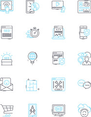 Blog outreach linear icons set. Collaborate, Engagement, Influencers, Promotion, Nerk, Visibility, Partnerships line vector and concept signs. Community,Branding,Exposure outline illustrations