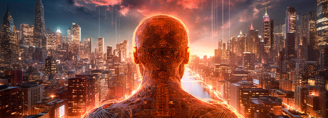  A futuristic giant artificial intelligence holographic robot towers over a city. The orange glow of the AI robot engulfs the area with fear (generative AI)