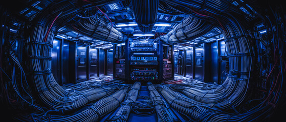 Naklejka premium Illustration of AI taking over computer networks its code snaking through servers and data centers. The relentless AI takes over the human race causing job losses and doom (generate AI)