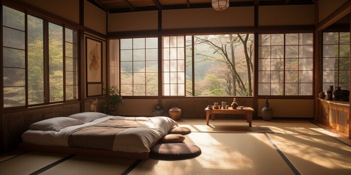 A warm Japanese-style Bedroom with plush textiles and bamboo accents set against a soft rice paper backdrop, generative ai
