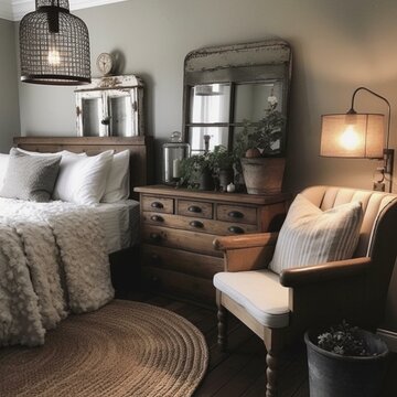 A Cozy Farmhouse Bedroom with a plush burlap upholstered armchair, chicken wire pendant lights, and a wooden nightstand with a glass jar lamp, generative ai