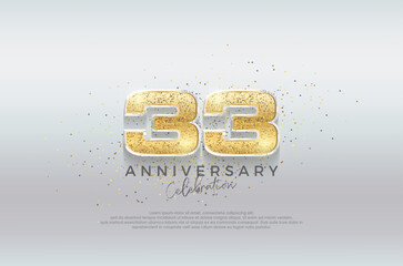 Golden number 33rd. Premium design with luxurious gold glitter. Premium vector for poster, banner, celebration greeting.