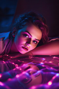 A woman relaxing near purple lighting. AI generative image.