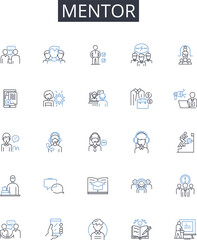 Mentor line icons collection. Coach, Guide, Advisor, Tutor, Counselor, Teacher, Instructor vector and linear illustration. Consultant,Helper,Trainer outline signs set