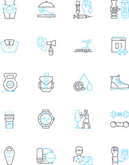 Health and harmony linear icons set. Wellness, Balance, Serenity, Vitality, Wholeness, Alignment, Healing line vector and concept signs. Joy,Renewal,Tranquility outline illustrations