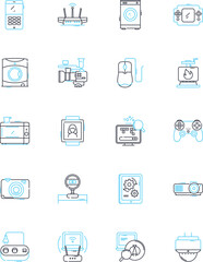 Device advancements linear icons set. Innovation, Progression, Modernization, Development, Advancement, Evolvement, Revolution line vector and concept signs. Enhancement,Upgradation,Breakthrough