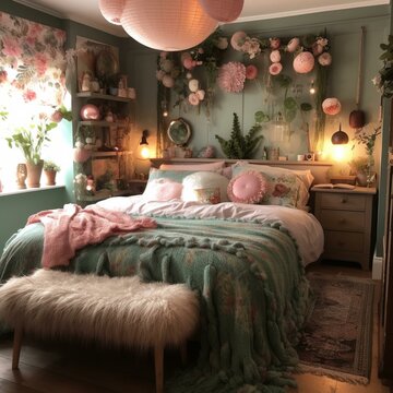 A Whimsical English Bedroom With A Mix Of Pink And Green Tassels And Stripes Textures, Playful Floral Decor, And Glowing Fairy Lights, Generative Ai