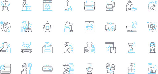 Cleaning company linear icons set. Disinfecting, Sanitizing, Tidying, Organizing, Detailing, Purifying, Scrubbing line vector and concept signs. Dusting,Polishing,Sweeping outline illustrations