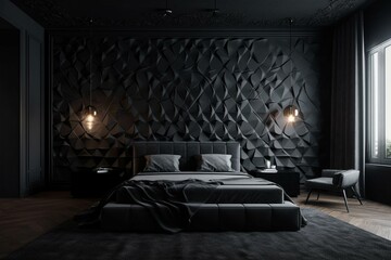 A minimalist Gothic Bedroom with a sculptural black bed, textured wall panels and a sleek chandelier, generative ai