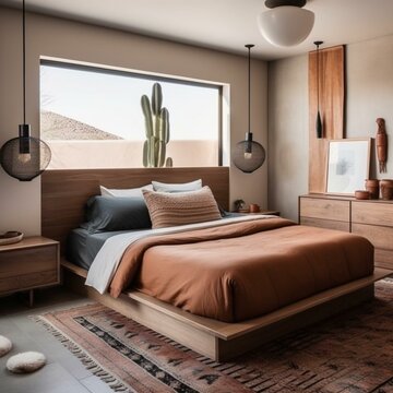 A minimalist Southwestern Bedroom with a leather headboard, simple wood nightstands and a striking pendant light, generative ai