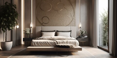 A contemporary bedroom with a sleek and minimalist aesthetic, accentuated by a simple mosaic accent wall and subtle gold metalwork details, generative ai