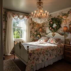 A traditional Cottage Bedroom with floral curtains, a white iron bed, and a crystal chandelier, generative ai