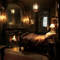 A warm Gothic Bedroom with a cozy fireplace, antique mirrors and dim lighting, generative ai