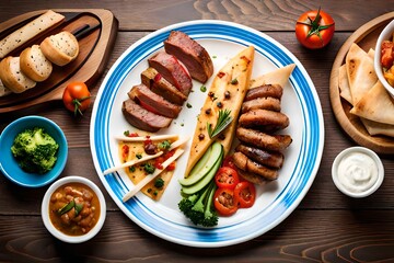 Family-Style Mediterranean Meal grilled meat with vegetables. Generative AI