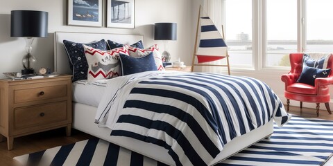 A preppy Nautical Bedroom with a playful mix of bold stripes and whimsical rope accents, paired with clean-lined furniture in shades of white and navy, generative ai