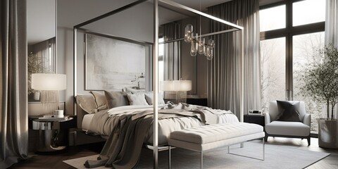 A serene, stylish Art Moderne bedroom with a polished metal canopy bed as its centerpiece, enhanced by glossy finishes, shimmering metallic textures, and minimal decor, generative ai