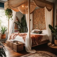 A dreamy Boho Chic Bedroom with a rattan canopy bed and embroidered curtains, generative ai